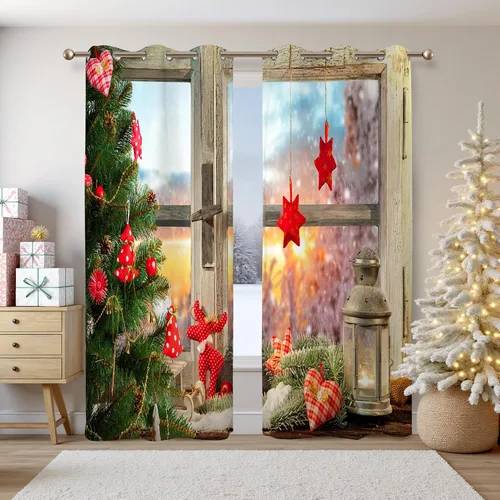 Miniatura 11 de Renaiss Cortinas opacas de Navidad con tablones de madera rústica para dormitorio, con ojales, estampado de copos de nieve navideños, cortinas