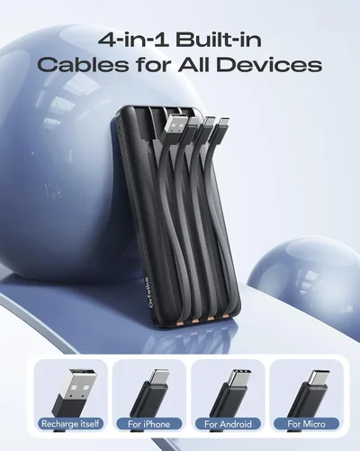 Miniatura 3 de Orfeika Cargador Portátil de 20000mAh con Carga Rápida, Cargador con 4 Cables Integrados y 6 Salidas, Paquete de Batería USB C de 20W PD Compatible