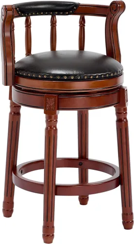 Miniatura 15 de RAINMOOD Juego de 2 taburetes de bar, taburete tapizado de cuero de grano completo, silla de bar negra con respaldo, patas de madera maciza