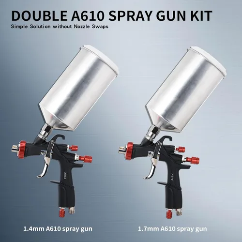Miniatura 2 de AEROPRO Tools R500 LVLP Kit de pistola de pulverización de aire doble con taza de aluminio de 1000 cc, pistolas de pintura A610 automotriz, pistola