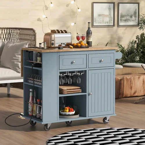 Miniatura 28 de Delicate Rolling Kitchen Island Cart with Rubber Wood Drop-Leaf Countertop and Lockable Rollers,Storage Cabinet and 2 Drawers,Sliding Barn Door
