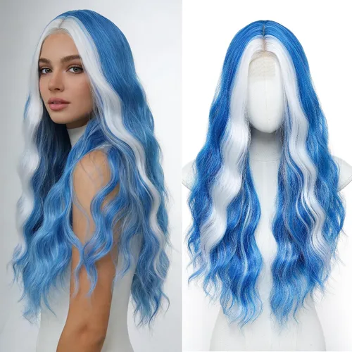 Miniatura 26 de YBYMCAI - Peluca azul larga y ondulada para mujer, parte media, peluca azul degradada de 26 pulgadas, pelo natural rizado sintético, fibra Azul
