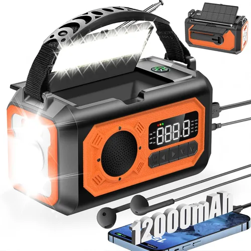Miniatura 8 de Radio meteorológica de emergencia de 12000 mAh, radio solar con manivela, radio portátil AM/FM/NOAA con 2 paneles solares, 3 métodos de carga