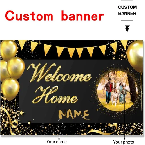 Miniatura 2 de Pancarta personalizada de bienvenida a casa, señal de bienvenida a casa en negro y oro para decoración exterior, suministros de fiesta de regreso
