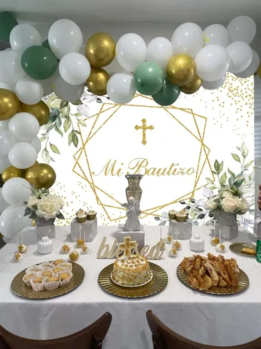 Miniatura 4 de Decoraciones de fiesta de bautismo, con telón de fondo verde Mi Bautizo, pancarta de globos verde salvia, kit de arco de guirnalda de arco