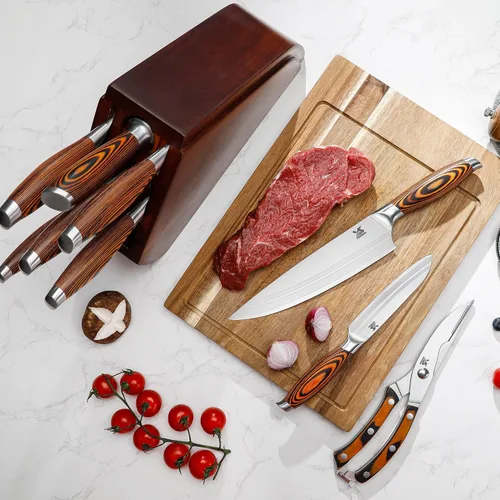 Miniatura 5 de MSY BIGSUNNY - Juego de 9 piezas de cuchillos de cocina con bloque, juego de cuchillos de acero alemán con picador de huesos, mango de madera