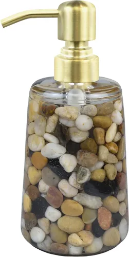 Dispensador de jabón recargable hecho a mano para baño y cocina, dispensador de jabón de piedra Rocks con bomba de acero inoxidable dorado