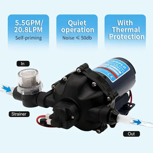 Miniatura 2 de Bomba de diafragma de agua de 12 V, 5.5 GPM, 70 PSI, bajo demanda, autocebante, bomba de agua automática de alto rendimiento para marina, RV, barco