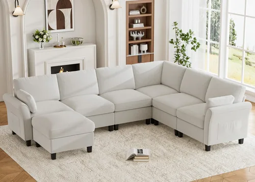 Miniatura 22 de Legend Vansen Sofá modular seccional, cómodo sofá modular en forma de U de 6 asientos con espacio de almacenamiento y diván, sofás seccionales Crema