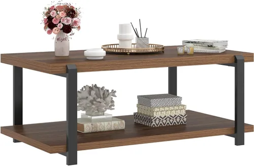 Miniatura 8 de FOLUBAN - Mesa de café moderna con estante de almacenamiento, mesa central de madera rústica para sala de estar, nogal