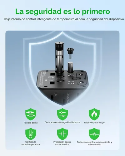 Miniatura 8 de MOMAX Mini Adaptador de Viaje Universal 7 en 1, Adaptador de Corriente Internacional GaN 70W, 2 AC, 3 USB-C PD de Carga Rápida y 2 USB-A QC, Negro