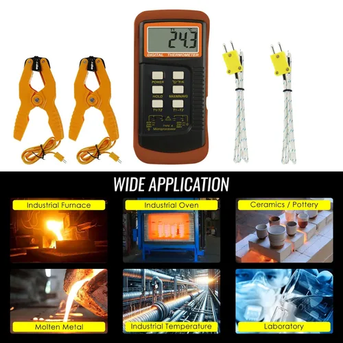 Miniatura 2 de Termómetro de termopar tipo K (-50 ~ 2,372.0 °F), termómetro digital de canales dobles con 2 abrazaderas de temperatura, 2 sondas de termopar