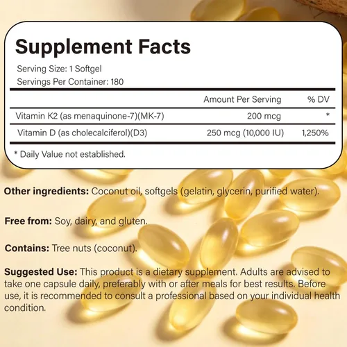 Miniatura 2 de Vitamina D3 10000 UI con cápsulas blandas K2 MK-7 de 200 mcg, 180 unidades Apoya la salud ósea, cardíaca e inmunológica Absorción mejorada