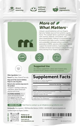 Miniatura 7 de Micro Ingredients Suplemento orgánico de espirulina, 720 tabletas (suministro para 4 meses), sin relleno y sin OMG, rico en proteínas veganas