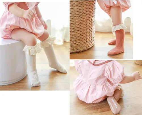 Miniatura 5 de Calcetines largos de uniforme para bebés y niñas calcetines de encaje con volantes para bebés y niñas calcetines altos de algodón