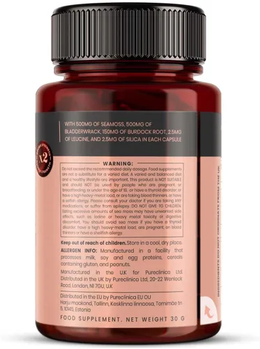 Miniatura 7 de pureclinica Complejo Seamoss de doble fuerza, 1155 mg x 120 cápsulas (suministro para 4 meses) - con 500 mg Seamoss, 500 mg de vejiga y 150 mg
