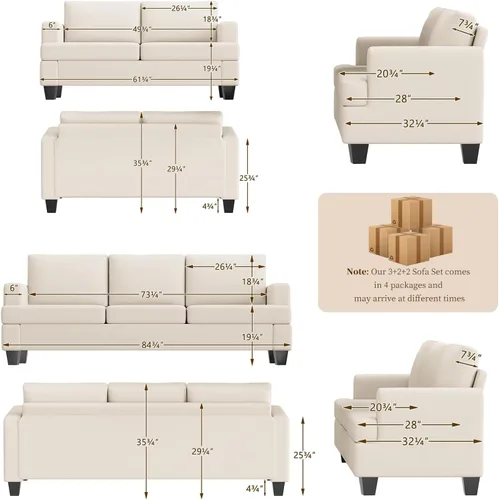 Miniatura 2 de Furnimart Sofás Seccionales para Sala de Estar, Modernos 2 Sofás de Dos Plazas y Sofá de 3 Plazas, Juego de Sofá de Asiento Profundo Color Crema