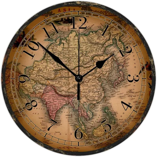Reloj de pared de madera de 15 pulgadas, ligero, ligero, estilo vintage, mapa del viejo mundo, reloj de madera redondo, estilo antiguo, estilo
