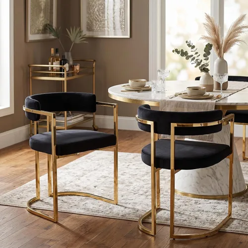 Hyfirm Juego de 2 sillas de comedor de barril, modernas sillas tapizadas de comedor Belvet con reposabrazos y patas de metal dorado, silla de cocina