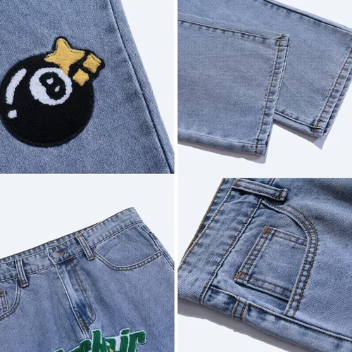 Miniatura 5 de Aelfric Eden Pantalones de mezclilla para hombre con estampado gráfico Y2K Streetwear de moda, holgados, rectos, pierna ancha, pantalones casuales
