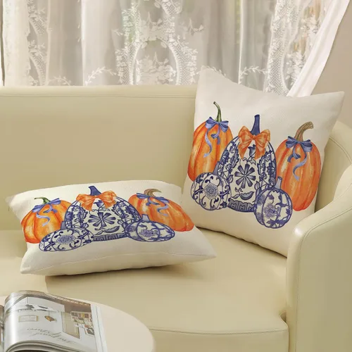 Miniatura 5 de Juego de 2 fundas de almohada de otoño de 16 x 16 pulgadas, diseño de calabaza azul y naranja, decoración de Acción de Gracias, decoración de otoño