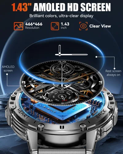 Miniatura 3 de Relojes inteligentes militares para hombres con llamada Bluetooth, reloj inteligente impermeable AMOLED de 1.43" con linterna, rastreador de fitness
