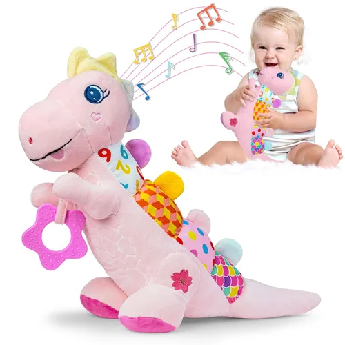 Juguetes musicales de dinosaurio para bebés de 0-3-6-9-12 meses, juguetes de dinosaurio para tiempo de barriga con sonido crujiente, papel, Rosa