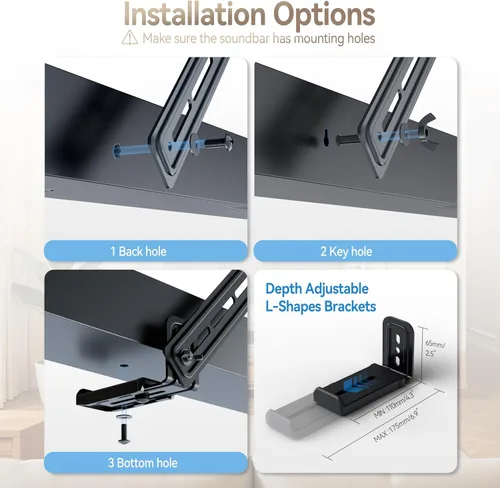 Miniatura 4 de C YECEN Barra de sonido se monta debajo de la TV o encima del televisor, soporte de barra de sonido ajustable en altura y profundidad, con brazos
