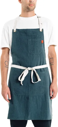 Miniatura 3 de Caldo - Delantal de cocina de lino con peto, delantal de lino ajustable con bolsillos para hombre y mujer (Abeto)