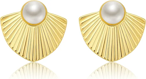 POVIK Aretes de aro chapados en oro de 14 quilates para mujer, gruesos, vintage, exagerados, con rayos de corazón, flor, perla, en forma de