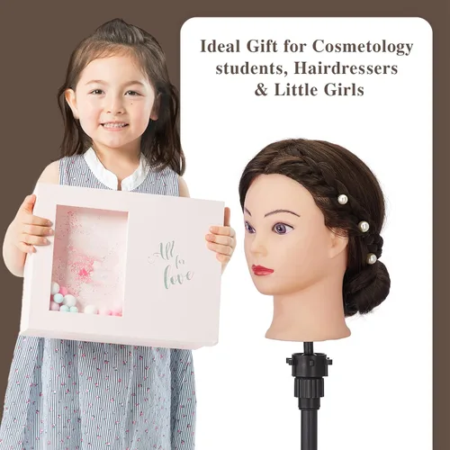Miniatura 9 de Cabeza de maniquí de 28 pulgadas con 80 % cabello humano real, cabeza de muñeca para peinado, trenzado, rizado, cabeza de maniquí de cosmetología