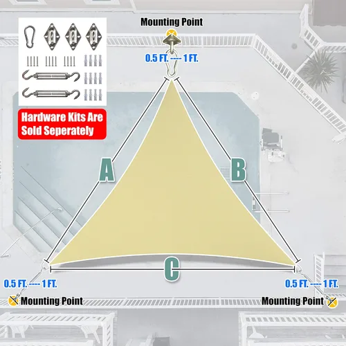 Miniatura 6 de Amgo Vela de Sombra Solar Triangular Beige de 12' x 12' x 12' para Exteriores Toldo Parasol UPF50+ AGTAPT12, 95% Bloqueo UV, Permeable al Agua