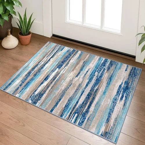 Lansny Alfombra pequeña abstracta para entrada, alfombra lavable para entrada interior, alfombra lavable de 2 x 3 pies, antideslizante, suave, azul,