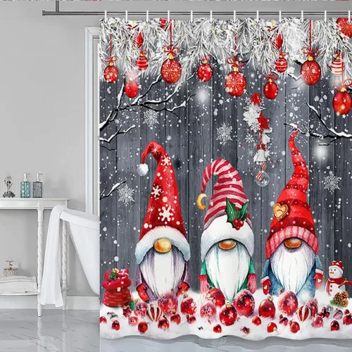 Cortina de ducha de gnomos de Navidad para baño, cortina de ducha rústica de tela de Navidad, bonita bola de Navidad, copos de nieve, gnomos en