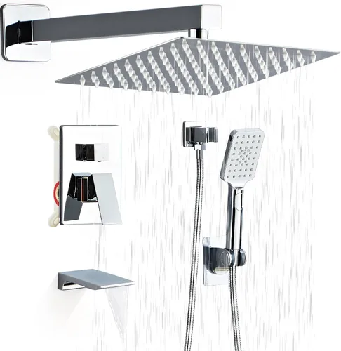 Miniatura 8 de Cabezal de Regadera - Juego de Grifo de Ducha Sistema Combo Cuadrado con Cabezal de Ducha de Lluvia de 20 cm, Montaje en Pared, Ducha de Mano, Acero