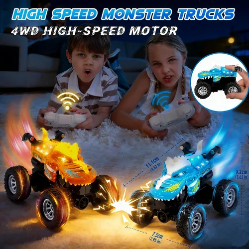 Miniatura 3 de JICUICUI Juguetes de camión monstruo de dinosaurio, camión monstruo de control remoto con luz, mini juguetes de dinosaurio para niños, camión RC