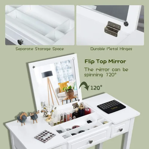 Miniatura 5 de CHARMAID Escritorio de tocador de maquillaje con espejo abatible superior, 3 cajones, 7 compartimentos de almacenamiento, escritorio blanco