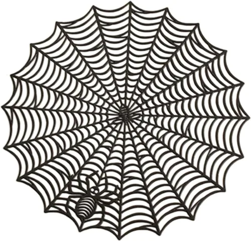 Miniatura 4 de Juego de 4 manteles individuales redondos de Halloween de 12 pulgadas, manteles individuales de tela de araña negra de poliéster con diseño hueco