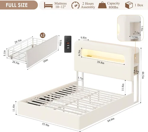 Miniatura 2 de HOSTACK Marco de Cama LED Full con Cabecera de Almacenamiento y Estación de Carga, Marco de Cama para Niños con 2 Cajones y Puertos USB, Marco