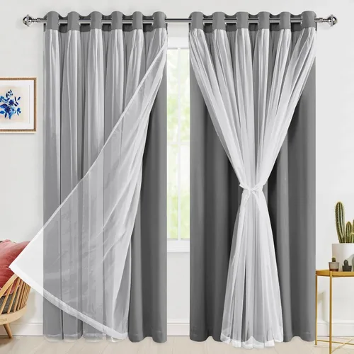 Miniatura 64 de Hiasan Cortinas opacas con superposición transparente, aislamiento térmico para mezclar y combinar de doble capa, cortinas de oscurecimiento de Beige