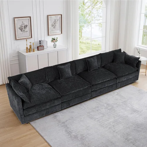 Miniatura 29 de Setawix Sofá Profundo de 3 Plazas con Otomana, Sofás de Nube en Forma de L de 112.2" para Sala de Estar, Sofá de Nube de Chenilla con Asiento Café
