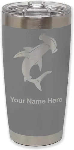 Miniatura 34 de LaserGram Vaso aislado al vacío de 20 onzas, tiburón martillo, grabado personalizado incluido (negro)
