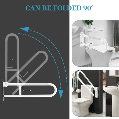 Miniatura 3 de Munzong - Barra de agarre para inodoro en forma de U de 32 pulgadas, riel de soporte antideslizante blanco, barra de agarre abatible para baño