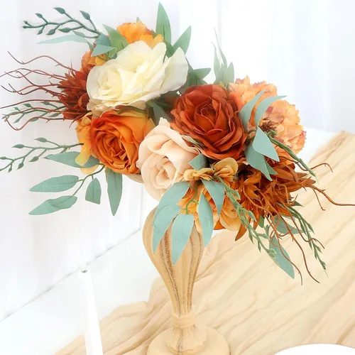Miniatura 6 de Ramos de dama de honor para boda, juego de 6 ramos de flores artificiales para decoración de otoño, boda, propuesta de matrimonio, fiesta, Naranja