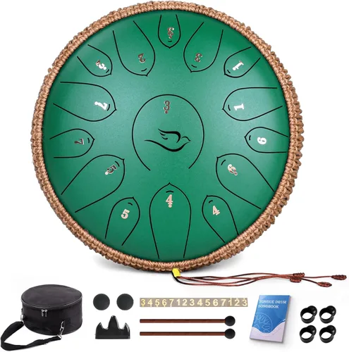 Miniatura 13 de Tambor de Lengua de Acero - 15 Notas Tambor de Acero - Instrumento de Tambor Handpan de 14 Pulgadas con Libro de Música, Mazos para Instrumentos
