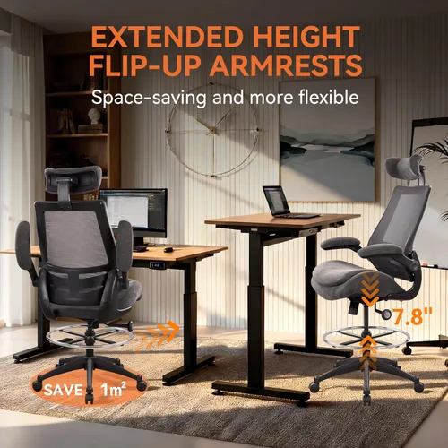 Miniatura 4 de Silla de dibujo ergonómica alta para escritorio de pie, taburete de malla de 400 libras con reposapiés ajustable, cojín de asiento doble y brazos