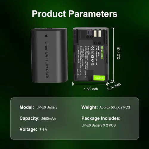Miniatura 6 de Paquete de 2 baterías de repuesto LP-E6 LP-E6N compatibles con Canon EOS 60D 70D 80D 90D 5D Mark II III IV 5DS 6D R R5 C700 XC10 XC15