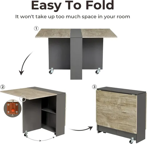 Miniatura 6 de Mesa de Comedor Plegable con Hoja Abatible con 6 Ruedas y Estante de Almacenamiento de 2 Niveles, Mesa que Ahorra Espacio para Espacios Pequeños