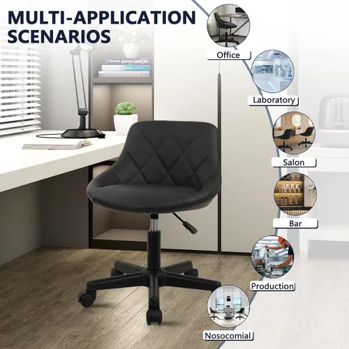Miniatura 4 de KLASIKA Black Low Back Rolling Stool PU Leather Vanity Stools, Adjustable Height Ergonomic Swivel Rolling Desk Stool Work Office Swivel Chair