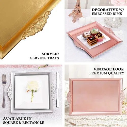 Miniatura 4 de Efavormart - 2 bandejas cuadradas de plástico decorativas doradas de 10 pulgadas con bordes en relieve para bodas, fiestas de cumpleaños